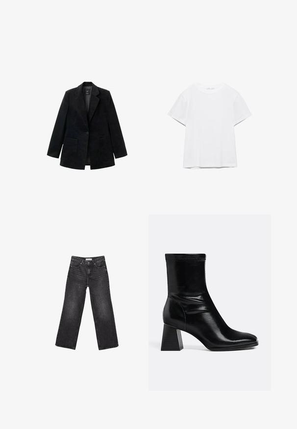 Blazer en velours côtelé noir avec fermeture à un bouton, revers crantés et deux poches avant. Il est doté d'une doublure intérieure lisse.; T-shirt blanc uni à manches courtes et col rond, avec un ourlet droit, présenté sur un fond blanc.; Jean noir à jambes larges avec poches avant et arrière, fermeture par bouton et passants de ceinture, posé à plat sur fond blanc.; Bottine en cuir noir avec talon bloc carré et bout arrondi, vue latérale sur fond clair uni.