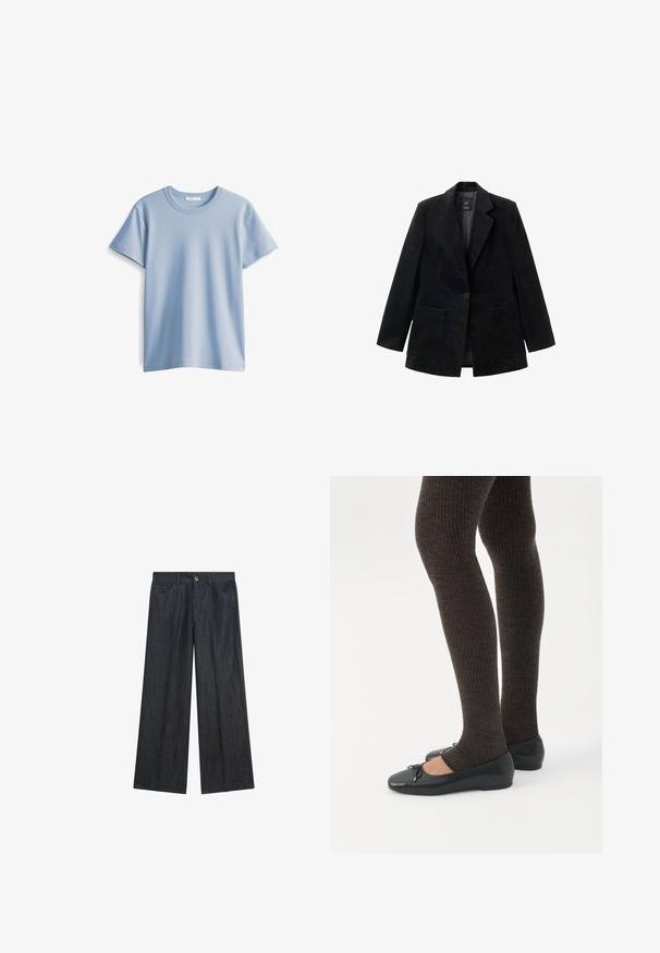 Zwarte corduroy blazer met een enkele knoopsluiting, notch-revers en twee voorkezen. Voorzien van een zachte binnenvoering.; Lichtblauwe katoenen t-shirt met een ronde hals en korte mouwen. Glad textuur en rechte zoom, eenvoudig en klassiek ontwerp.; Donkerblauwe wijde denim broek met knoop aan de voorkant, riemlussen en voorzakken, plat liggend op een witte achtergrond.; Benen met donkere geribbelde leggings gecombineerd met zwarte ballerina's met kleine strikdetails op een witte achtergrond.