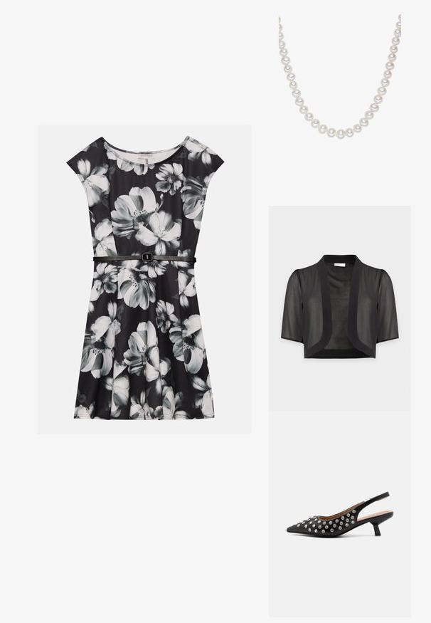 Boléro court noir transparent avec manches au coude et devant ouvert sur fond uni clair.; Robe noire à fleurs avec des fleurs blanches et grises, manches courtes et taille cintrée accentuée par une fine ceinture noire.; Escarpin noir à talon ouvert, à bout pointu, orné de clous en argent, avec un petit talon carré et une texture en cuir lisse.; Fil de perles rondes et blanches avec une surface lisse, régulièrement espacées, affichant un lustre subtil et un éclat doux sur un fond blanc.