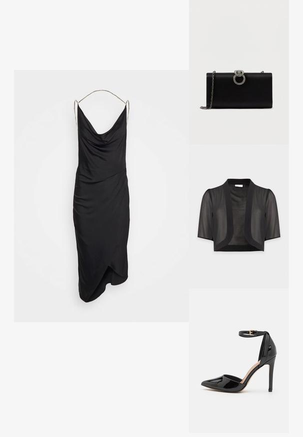 Krátke čierne priehľadné bolero s lakťovými rukávmi a otvoreným predným dielom na jednofarebnom svetlom pozadí.; Et Ochs ILA CHAIN COWL NECK MIDI DRESS - Koktailové šaty/večierkové šaty - black; Čierna lakovaná kožená vysoká topánka s špicatou špičkou, remienkom okolo členka a štíhlým stiletto podpätkom. Hladká textúra s lesklým povrchom.; Čierna saténová clutch kabelka so strieborným okrúhlym uzáverom ozdobeným kamienkami, obsahuje odnímateľný reťazový popruh.