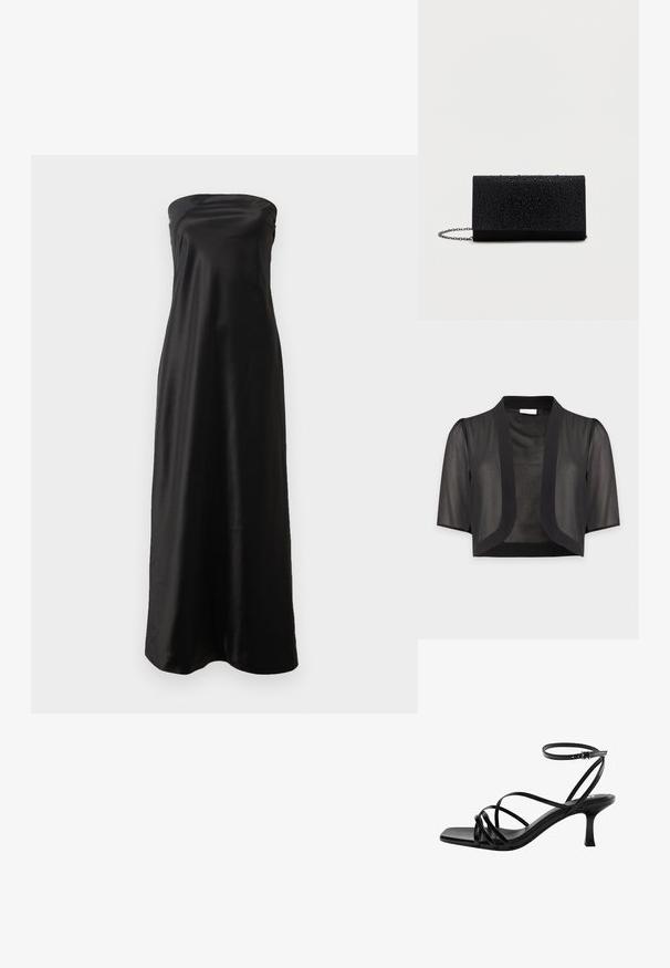 Boléro court noir transparent avec manches au coude et devant ouvert sur fond uni clair.; Robe maxi noire sans bretelles en satin, avec un design simple, une texture lisse et une silhouette fluide.; Sandale noire à lanières ouvertes à bout ouvert avec un petit talon bas et une bride à boucle à la cheville, présentant de fines lanières en cuir entrecroisées sur le dessus du pied.; Porte-monnaie noir à poches avec une surface texturée présentant des gouttes en relief, de forme rectangulaire, avec une bandoulière en chaîne et un design minimaliste.