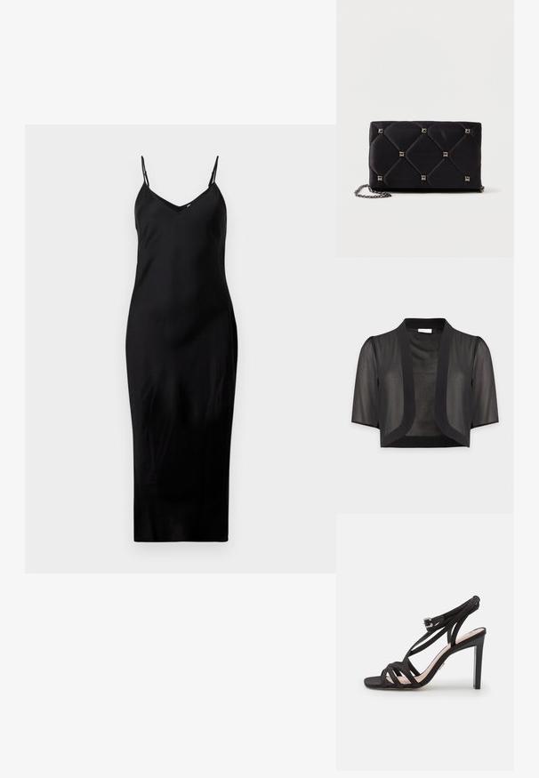 Bolero corto negro transparente con mangas hasta el codo y parte delantera abierta sobre fondo claro y liso.; Vestido midi negro sin mangas con finos tirantes tipo espagueti y escote en V, exhibido sobre un fondo blanco liso.; Bronx ALADIN - Sandalias - black; Clutch de satén negro acolchado con tachuelas piramidales plateadas, correa de cadena, forma rectangular y textura suave. Dimensiones de 10 cm x 18 cm x 4 cm.
