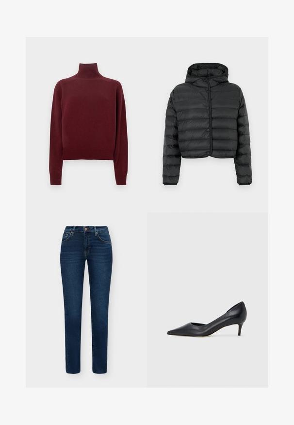 Doudoune noire courte avec matelassage horizontal, fermeture avant à boutons-pression, manches longues, et capuche attachée, sur un fond uni.; Pull à col roulé bordeaux avec manches longues, texture en maille et détails côtelés aux poignets et à l'ourlet. Coupe classique et ajustée.; Jean slim bleu foncé avec cinq poches, fermeture par bouton et coutures visibles sur fond blanc uni.; Escarpin en cuir noir avec un bout pointu et un talon bas. Présente une texture lisse et un éclat subtil. Découpe ouverte à l'avant pour un détail supplémentaire.