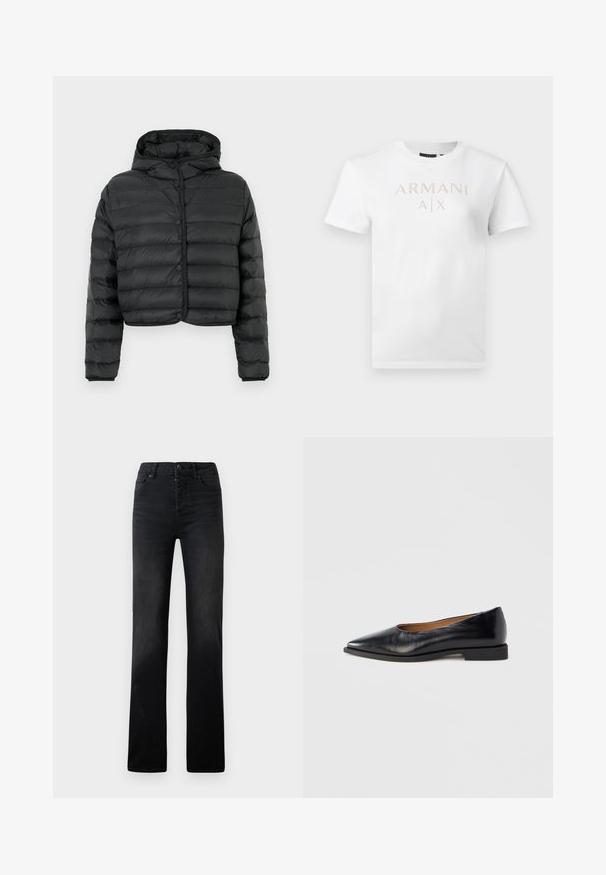 Sort kort puffjakke med vandret quiltemønster, trykknaplukning foran, lange ærmer og hætte, mod en ensartet baggrund.; Hvid unisex T-shirt med korte ærmer og rund halsudskæring med "ARMANI A|X" logo i små, jævnt fordelte guldnitter på tværs af brystet.; Sorte denim straight-leg jeans med subtil falmning, fem lommer og knaplukning. Glat tekstur med minimale syningsdetaljer.; Sort læder flad sko med spids tå og lav firkantet hæl. Glat tekstur, minimalistisk design og uden synlige beslag eller mønstre.
