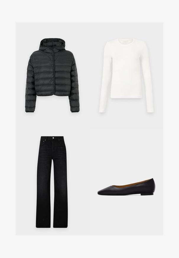 Zwarte cropped donsjas met horizontale doorgestikte lijnen, drukknoopsluiting aan de voorkant, lange mouwen en vastzittende capuchon tegen een effen achtergrond.; Witte lange mouw ribbel top met een ronde hals, voorzien van een getailleerd ontwerp en een gladde textuur, geschikt voor lagen of casual dragen.; Zwarte wijde jeans gemaakt van denim. Kenmerken zijn een hoge taille, twee frontzakken en een metalen knoopsluiting. Gelaagde afwerking met minimale vervaging.; Zwarte leren puntschoen met lage hak en gladde afwerking, zijaanzicht op een lichtgrijze achtergrond.