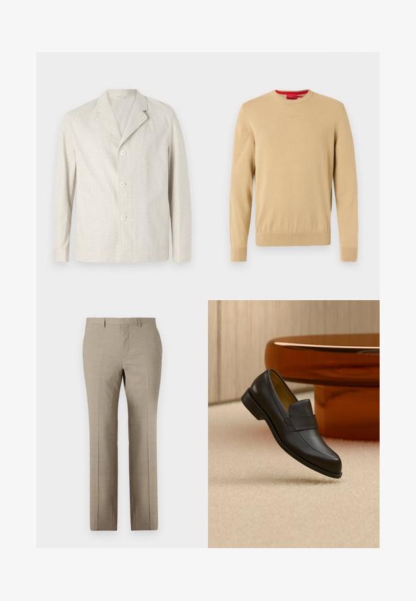Veste beige clair fabriquée en tissu texturé, dotée d'un col cranté et de trois boutons sur le devant, avec des manches longues et un ourlet droit.; Pull beige pour homme à col rond, manches longues, bords-côtes aux poignets et à l'ourlet, avec un logo discret brodé sur la poitrine.; Pantalons beige sur mesure avec une texture lisse, design à jambe droite, motif à carreaux subtil et devant plat. Deux poches arrière incluses.; Mocassin en cuir noir à talon bas flottant au-dessus d'un sol moquetté beige près d'une table ronde marron.