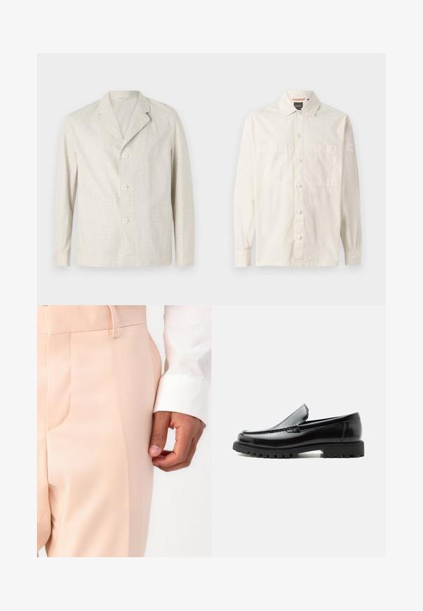 Veste beige clair fabriquée en tissu texturé, dotée d'un col cranté et de trois boutons sur le devant, avec des manches longues et un ourlet droit.; Chemise beige à manches longues en tissu léger, avec un devant boutonné, deux poches poitrine et une étiquette de marque sur la manche.; Pantalon sur mesure rose pâle avec une texture lisse, doté d'une poche latérale et d'une boucle de ceinture, associé à un poignet de chemise blanche.; Mocassin en cuir noir avec semelle en caoutchouc épaisse, dessus cousu et nom de marque embossé sur le talon, présenté de profil sur fond blanc.