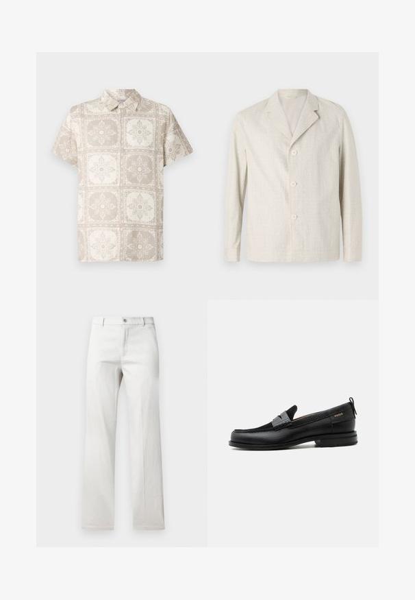 Veste beige clair fabriquée en tissu texturé, dotée d'un col cranté et de trois boutons sur le devant, avec des manches longues et un ourlet droit.; Chemise à manches courtes avec un bouton en beige, ornée d'un motif floral répétitif. Fabriquée à partir d'un tissu léger offrant une apparence naturelle et texturée.; Pantalon gris clair avec une coupe droite, fabriqué dans un tissu lisse, doté d'une fermeture à bouton à l'avant et de poches latérales.; Mocassin en cuir noir avec détail de bride grise, talon bas et semelle texturée, marqué "HUGO" en or sur le côté.
