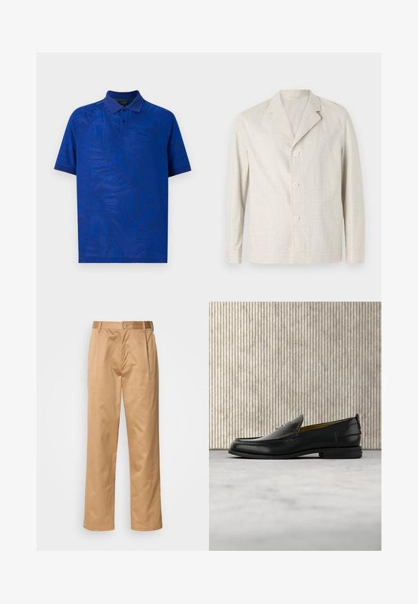 Lys beige jakke lavet af tekstureret stof, med reverskrave og tre knapper fortil, lange ærmer og en lige kant.; Kortærmet polo t-shirt i livlig blå med et tekstureret palmebladsmønster, med krave og tre-knaps placket. Glat stof.; Khaki bukser, blanding af bomuld, lige ben-design, frontfald, bæltesløjfer og knaplukning. Glat tekstur uden mønstre.; Sort læder herreloafer med krokodillepræget forstykke og lav hæl, vist i profil på en neutral baggrund.