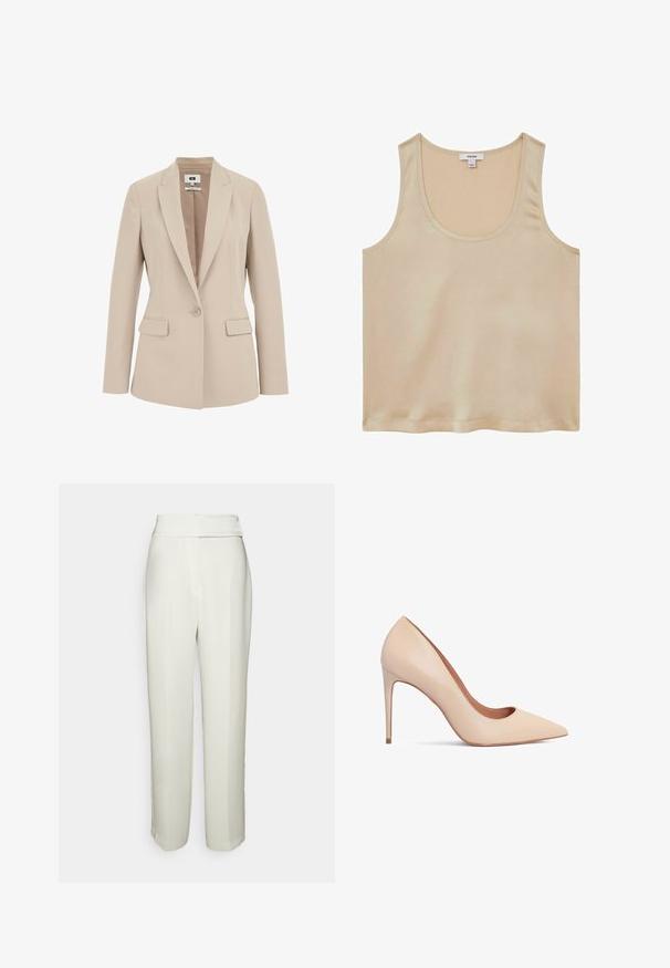 Blazer beige para mujer, entallado, con cierre de un solo botón, solapas con muesca, bolsillos con solapa y mangas largas.; Reiss REGULAR FIT - Blusa - neutral; Halston KARTER WEDDING PANT - Pantalones - chalk; Zapato de tacón alto de cuero beige con punta afilada y textura suave. Presenta un tacón de aguja delgado y un diseño de escote bajo.