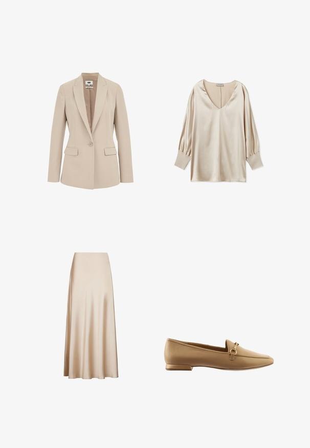 Beige damesblazer op maat met enkele knoopsluiting, ingesneden revers, klepzakken en lange mouwen.; Beige satijnen blouse met een diepe V-hals, lange pofmouwen en aansluitende manchetten. Soepele textuur en minimalistisch design.; Beige satijnen midi-rok met een gladde textuur en een uitlopende snit van taille tot zoom, met een A-lijnvorm. Geen zichtbare patronen of accenten.; Beige leren instappers met een vlakke hak, voorzien van een decoratieve metalen ring en accentband, een gladde textuur en een rond toel ontwerp.