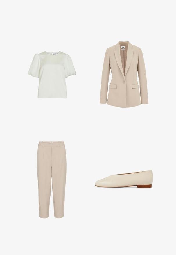 Beige skræddersyet blazer til kvinder med enkeltknapslukning, hakkede revers, klaplommer og lange ærmer.; Hvid kortærmet bluse med rund halsudskæring og puffede ærmer, med knappelukning bagpå.; Beige forkortede bukser med en glat tekstur, frontfald, to sidelommer og en taljehøjde. Lige ben design med skræddersyet finish.; Beige læder flad sko med spids tå design, minimalistsk form og en kort træhæl for stabilitet og komfort.