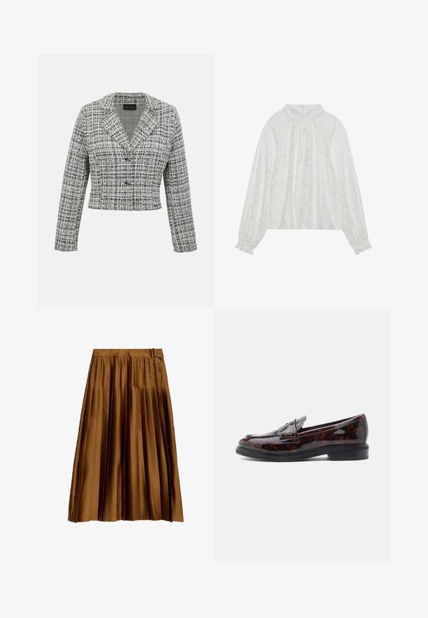 Blazer court en tweed noir et blanc avec manches longues, col à cran et fermeture par boutons sur un fond uni.; Blouse blanche à manches longues, avec un motif floral texturé, un décolleté froncé et des poignets élastiques. Tissu doux et léger.; Jupe midi plissée en satin marron avec une taille haute et un détail de boucle latérale, présentée à plat sur un fond blanc.; Mocassins en similicuir écaille de tortue marron avec une semelle plate noire, dotés d'une bride décorative et d'une finition lisse et brillante.