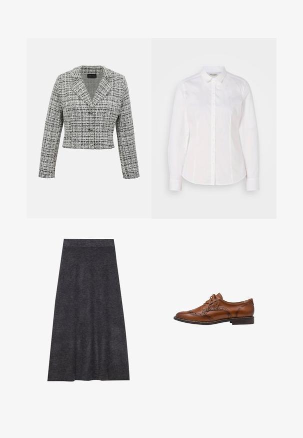 Blazer court en tweed noir et blanc avec manches longues, col à cran et fermeture par boutons sur un fond uni.; Chemise blanche à boutons fabriquée en coton lisse, avec un col classique, des manches longues et un logo subtil sur la poitrine. Présente une fermeture à boutons sur le devant.; Jupe en maille gris foncé, longueur genou, avec une texture lisse et une ceinture. Silhouette en A avec un ourlet uniforme, conçue pour le confort et la polyvalence.; Chaussure Oxford brogue en cuir marron avec détails à bout ailé, perforations, lacets et talon bas empilé sur fond blanc.
