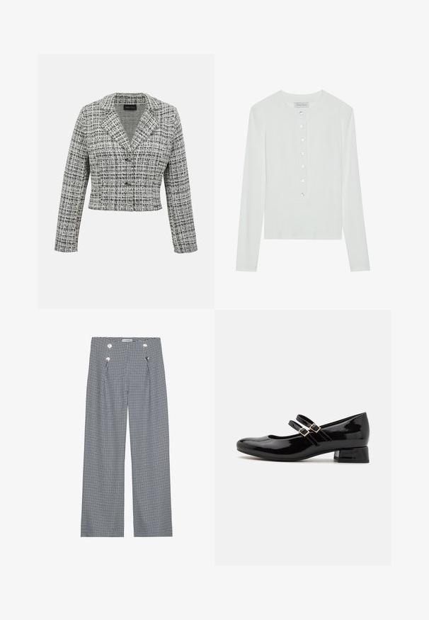 Μαύρο-λευκό tweed cropped σακάκι με μακριά μανίκια, γιακά με εγκοπή και κλείσιμο με κουμπιά σε μονόχρωμο φόντο.; Λευκή μπλούζα με μακριά μανίκια από ριχτό ύφασμα, με στρογγυλή λαιμόκοψη και κουμπωτή μπροστινή με έξι διάφανα κουμπιά.; Μαύρο και άσπρο καρό παντελόνι φάρδους με πρόσθετους πτυχές στο μπροστινό μέρος και χρυσές κουμπιές λεπτομέρειες στη μέση. Λείο υφασμάτινο υλικό.; Μαύρες πατέντες δερμάτινες Mary Jane κάλτσες με στρογγυλή μύτη, δύο ρυθμιζόμενες ζώνες με αγκράφα και χαμηλό τακούνι. Λείο υλικό, μινιμαλιστικός σχεδιασμός.