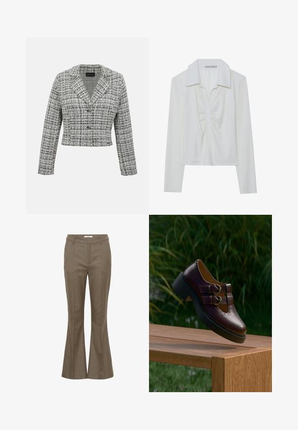 Μαύρο-λευκό tweed cropped σακάκι με μακριά μανίκια, γιακά με εγκοπή και κλείσιμο με κουμπιά σε μονόχρωμο φόντο.; Λευκή μπλούζα μακρυμάνικη με γιακά, με κεντρικές πτυχές και ριπ ύφανση. Φτιαγμένη από μαλακό, ελαφρύ ύφασμα.; Προσαρμοσμένο παντελόνι καμπάνα σε απαλό ελαιδί πράσινο χρώμα, με λεία υφή, δομημένη μέση και λεπτομέρειες με πτυχή στο μπροστινό μέρος.; Σκούρο καφέ δερμάτινο παπούτσι με διπλούς ιμάντες αγκράφας, διάτρητες λεπτομέρειες και χοντρή μαύρη σόλα, κρεμασμένο πάνω από ένα ξύλινο τραπέζι σε εξωτερικό χώρο.