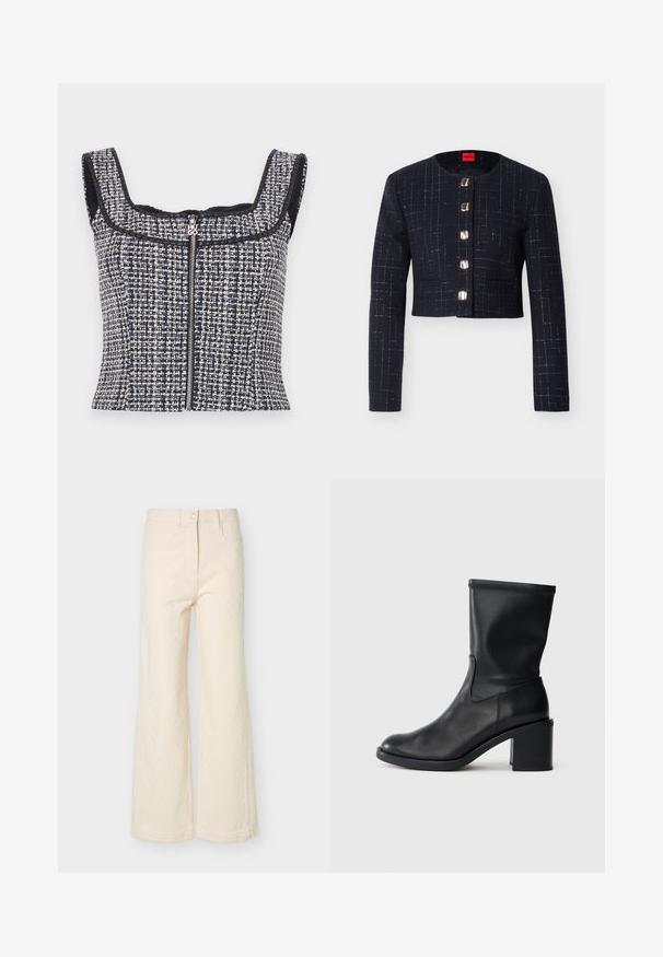 Veste courte noire pour femmes avec manches longues, motif discret en fil d'argent en forme de grille, encolure ronde et cinq grands boutons carrés argentés sur le devant.; Top court en tweed bleu marine et blanc avec un encolure carrée, sans manches et une fermeture éclair à l'avant avec un tirette de marque.; Pantalon crème taille haute à jambes larges avec bouton avant, fermeture éclair, passants pour ceinture, et détail subtil en tissu texturé.; Botte en cuir noir à cheville avec un bout rond, texture lisse et un talon épais, présentant un tige ajustée et un subtil détail de couture.