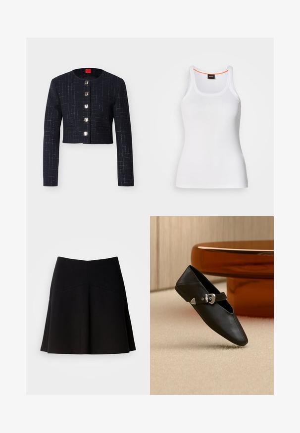 Veste courte noire pour femmes avec manches longues, motif discret en fil d'argent en forme de grille, encolure ronde et cinq grands boutons carrés argentés sur le devant.; Débardeur blanc côtelé avec un col rond, présentant un design à bretelles étroites et un accent orange le long de l'intérieur du col. Logo de la marque affiché.; Jupe noire évasée en tissu doux, avec une taille ajustée et des coutures décoratives. Texture lisse avec un design simple et classique.; Chaussure plate en cuir noir avec bout pointu et bride à boucle argentée, posée sur un tapis beige devant une table ronde de couleur ambre.