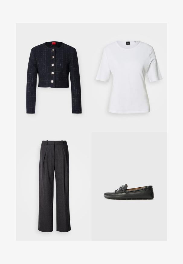 Sort cropped damejakke med lange ærmer, subtilt ternet mønster i sølvtråd, rund halsudskæring og fem store firkantede sølvknapper foran.; Hvid T-shirt med korte ærmer og rund hals, med en tætsiddende pasform og et lille sort BOSS-mærke ved halskanten.; Mørkegrå brede benbukser i et struktureret stof, med frontfolder og et klassisk livdesign. Ingen synlige lommer.; Sorte læder bådsko med afrundet tå, stikninger, lille sløjfedetalje og gummisål. Glat tekstur og strømlinet design.