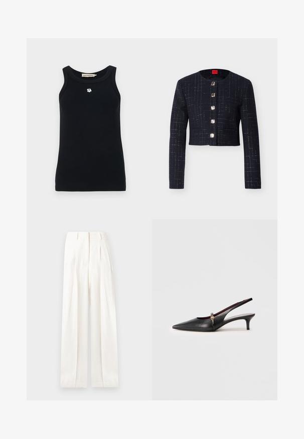 Zwart cropped damesjack met lange mouwen, subtiel zilver garen ruitpatroon, ronde halslijn en vijf grote vierkante zilveren knopen aan de voorkant.; Zwarte tanktop van ribstof, met een ronde halslijn en een klein wit bloemenembleem aan de voorkant. Mouwloos ontwerp.; Witte wijde broek met hoge taille, plooien, riemlussen, steekzakken aan de voorkant en een verborgen sluiting aan de voorkant.; Zwarte leren slingback hakken met een spitse neus, dunne hak en een gouden accent bij de enkelband. Gladde textuur en eenvoudig ontwerp.