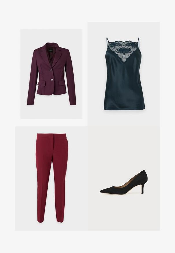 Blazer ajusté pour femme de couleur violet foncé avec deux boutons, col à revers cranté et poches à rabat sur un fond clair uni.; Camisole en satin bleu foncé avec un panneau en dentelle au niveau du décolleté, dotée de fines bretelles réglables et d'une texture lisse.; Pantalon slim fit rouge foncé à devant plat et jambes droites, présenté sur un fond blanc uni.; Escarpin en daim noir à bout pointu avec un talon stiletto fin de hauteur moyenne et un design à coupe basse sur un fond uni.