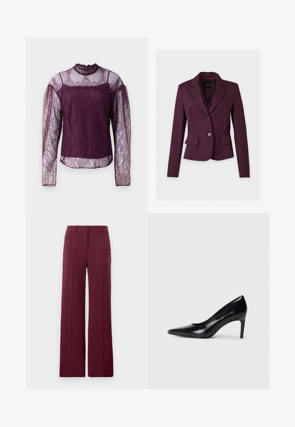 Blazer ajustado de mujer de color púrpura oscuro con dos botones, cuello solapa con muesca y bolsillos con solapa sobre un fondo liso claro.; Blusa de encaje morado de manga larga con secciones transparentes en las mangas y en la parte superior del pecho, con un cuello alto y patrones florales intrincados.; Pantalones de pierna ancha burdeos, confeccionados en tejido suave, que presentan un frente plano, trabillas para cinturón y un diseño entallado con detalles de pliegue.; Zapato de tacón alto de cuero negro con punta afilada, textura suave y tacón en forma de cono. Diseño minimalista, sin adornos adicionales.