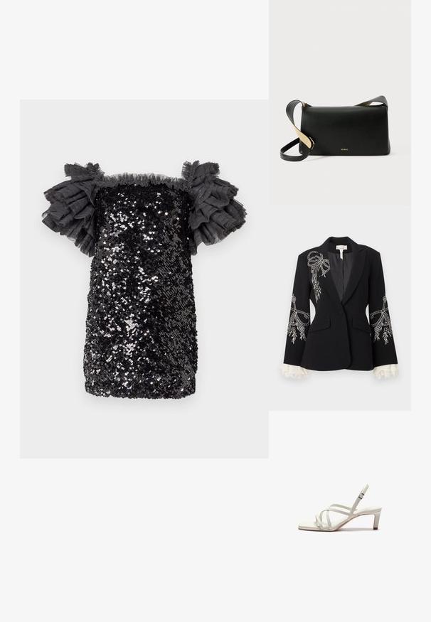 Blazer noir cintré avec broderies blanches florales et nœud sur les épaules et les manches, avec un seul bouton et des poignets en dentelle blanche.; Robe à sequins noire avec un design ajusté, de courte longueur et des manches en tulle volantées. Finition texturée avec des sequins scintillants sur l'ensemble.; Zign Escarpins - off white; Sac à bandoulière en cuir noir de forme rectangulaire, au design plat, avec une sangle réglable et un détail logo doré sur le devant.