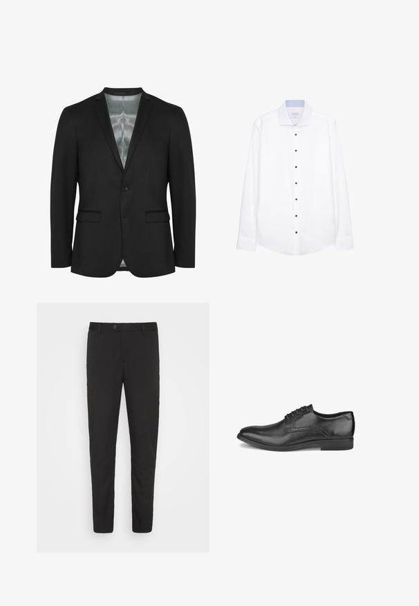 Blazer noir avec une coupe slim, fermeture à un bouton, deux poches frontales et doublure en satin. Tissu lisse et texturé avec un design classique.; Chemise blanche pour homme à manches longues avec boutons noirs et col étalé, présentée sur un fond blanc.; Pantalons noirs taillés avec une coupe droite, poches avant et fermeture à bouton. Fabriqués en tissu lisse avec un léger éclat.; Chaussure habillée pour homme en cuir noir avec lacets, talon bas et finition lisse et brillante, vue du côté extérieur.