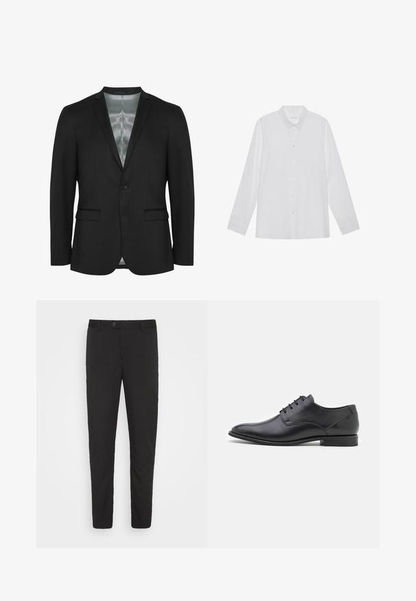 Blazer noir avec une coupe slim, fermeture à un bouton, deux poches frontales et doublure en satin. Tissu lisse et texturé avec un design classique.; Chemise blanche à manches longues en tissu lisse, dotée d'un col pointu, d'une fermeture à boutons sur le devant et de poignets à un bouton.; Pantalons noirs taillés avec une coupe droite, poches avant et fermeture à bouton. Fabriqués en tissu lisse avec un léger éclat.; Chaussure habillée en cuir noir avec une texture lisse, nez pointu, petit talon et six œillets pour le laçage. Design simple sans embellissements.