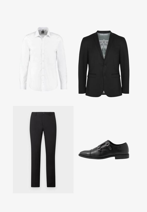Sort blazer med tætsiddende pasform, enkeltknaplukning, to for-lommer og satinfor. Glat, struktureret stof med et klassisk design.; Hvid langærmet skjorte lavet af glat stof, med klassisk krave, knaplukning foran og manchetter med enkeltknapper. Ingen mønstre eller detaljer.; Sorte skræddersyede bukser med lige ben, som har knaplukning og bæltestropper. Fremstillet i glat stof uden synlige mønstre.; Sorte læder monk strap sko med to sølvspænder, toe cap design, rund tå og lavprofil gummisål. Glat tekstur, elegant silhuet.