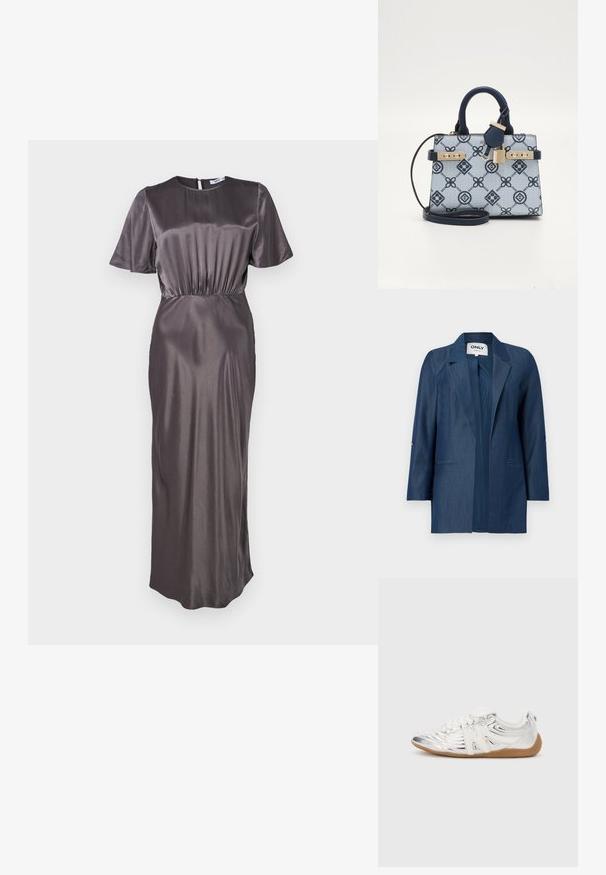 Blazer pour femme bleu foncé avec col à revers, manches longues, deux poches avant passepoilées, design à ouverture sans boutons.; Robe en satin gris foncé, longue, avec un col rond, des manches courtes et une taille élastique, dotée d'une fermeture éclair au dos et d'une texture lisse.; Baskets sportives argentées avec une surface texturée et brillante, dotées d'un laçage blanc à l'avant et d'une semelle en caoutchouc. Mises en valeur par un logo bien visible.; Sac à main bleu et bleu clair à motifs avec des accessoires en or, un accent de cadenas, des poignées courtes et une bandoulière amovible.