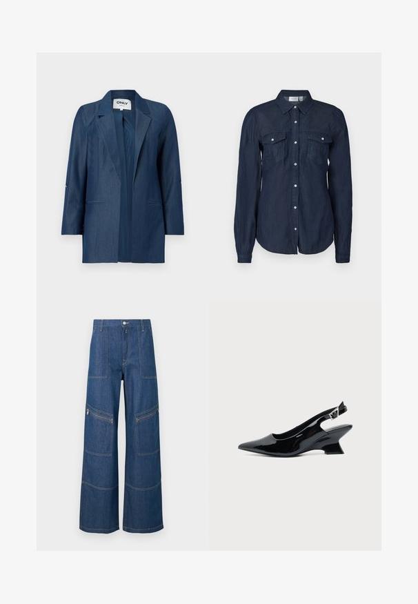 Blazer pour femme bleu foncé avec col à revers, manches longues, deux poches avant passepoilées, design à ouverture sans boutons.; Chemise boutonnée bleu marine en tissu léger, dotée de deux poches avant, de manches longues et d'un col classique avec un ourlet arrondi.; Pantalon en denim bleu à jambes larges avec taille haute, poches plaquées à l'avant et poches zippées aux genoux, présenté sur un fond uni.; Chaussure slingback en cuir verni noir avec bout pointu et petit talon bloc incliné sur fond clair uni.