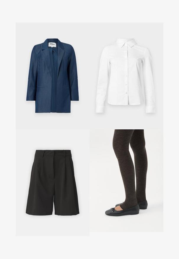 Donkerblauwe damesblazer met reverskraag, lange mouwen en twee voorzakken zonder klep, open voorkant zonder knopen.; Witte blouse met lange mouwen en knopen, met puntige kraag, rechte zoom en aansluitende silhouet, weergegeven op een effen lichte achtergrond.; Zwarte shorts met een op maat gemaakte ontwerping, voorzien van plooien aan de voorkant, een brede tailleband en een soepele textuur. Geen zichtbare zakken.; Benen met donkere geribbelde leggings gecombineerd met zwarte ballerina's met kleine strikdetails op een witte achtergrond.