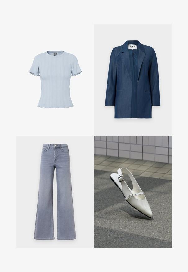 Donkerblauwe damesblazer met reverskraag, lange mouwen en twee voorzakken zonder klep, open voorkant zonder knopen.; Lichtblauw gebreid topje met korte mouwen, geribde en kantachtige patronen, ronde hals en geplooide randen aan mouwen en zoom.; Lichtblauwe denim jeans met een wijde pijp en hoge taille, voorzien van een knoop- en ritssluiting aan de voorkant, met voor- en achterzakken, getoond tegen een witte achtergrond.; Witte puntige slingback platte schoen met twee zilveren gespen, getoond buiten op een getextureerde ondergrond en betegelde muur als achtergrond.