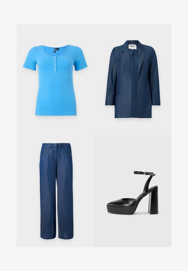 Donkerblauwe damesblazer met reverskraag, lange mouwen en twee voorzakken zonder klep, open voorkant zonder knopen.; Geribbelde, kortarmige t-shirt in een levendige blauwe kleur. Heeft een ronde halslijn en een drieknoopsluiting aan de voorkant. Zacht, rekbaar materiaal.; Wijdvallende spijkerbroek in donkerblauw. Gemaakt van katoen met een soepele textuur. Bevat twee voorzakken en een knoopsluiting in de taille.; Zwarte plateauhakken met een puntige neus en verstelbare enkelband. Gemaakt van soepel leer, met een robuuste blokhak.