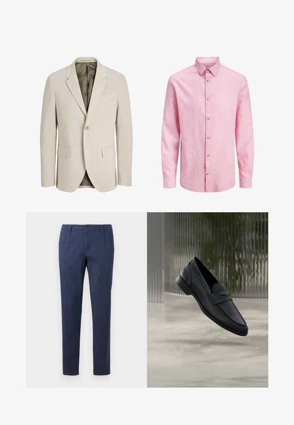 Blazer beige para hombre con un solo botón, solapas con muesca, dos bolsillos frontales con solapa y forro interior con un sutil patrón de puntos.; Camisa de manga larga color rosa claro con botones marrones al frente y cuello puntiagudo.; Pantalones azul marino hechos de una tela ligera, con cierre de botón en la parte delantera, dos bolsillos laterales y un diseño de pierna recta.; Zapato tipo mocasín de cuero negro con acabado liso, punta puntiaguda y detalles cosidos en la pala. Tacón bajo y diseño minimalista.