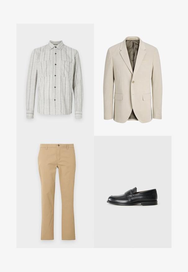 Beige herreblazer med en enkelt knap, hakrevers, to forlommer med klap og for med diskret prikmønster.; Lysegrå langærmet skjorte med knapper, vertikale sorte striber og to brystlommer foran.; Beige bukser med lige ben, bæltestropper, frontknap og lynlås, vist på en ensfarvet lys baggrund.; Sorte læder loafers med rund tå, syet detaljer og en flad gummisål. Har en bred rem over vristen.