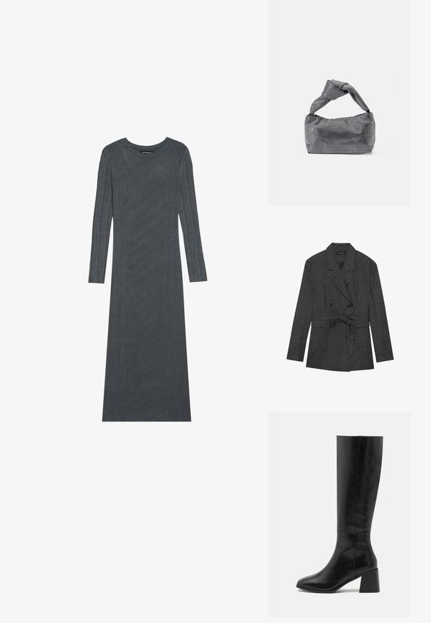 Blazer a cuadros en negro y gris con diseño de doble botonadura, cinta en la cintura, solapas de muesca y dos bolsillos frontales. Acabado de tela texturizada.; Vestido de manga larga de color gris oscuro hecho de un suave material de punto. Presenta rayas verticales texturizadas a lo largo de las mangas y el cuerpo. Cuello redondo.; ONLY SHOES ONLBIJOU KNEE HIGH BOOT - Botas - black; Bolso de mano negro y plateado con una superficie texturizada que presenta un patrón de diamante, un asa anudada y una forma estructurada.