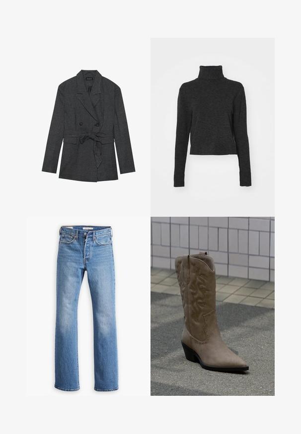 Schwarz-grauer karierter Blazer mit doppelter Knopfleiste, Taillengürtel, Reverskragen und zwei Vordertaschen. Strukturierte Stoffoberfläche.; Schwarzer, verkürzter Rollkragenpullover aus einem weichen, strukturierten Stoff mit langen Ärmeln und gerippten Akzenten am Kragen und Saum.; Blaue Jeans aus Denim mit geradem Bein, hoher Taille, klassischer Fünf-Taschen-Optik und auffälligen Verblassungen an den Oberschenkeln.; Hoher Cowboy-Stiefel aus beigem Wildleder mit dekorativer Naht und Nietenakzenten, ausgestattet mit spitzer Spitze und schrägem schwarzem Absatz auf Asphalt.