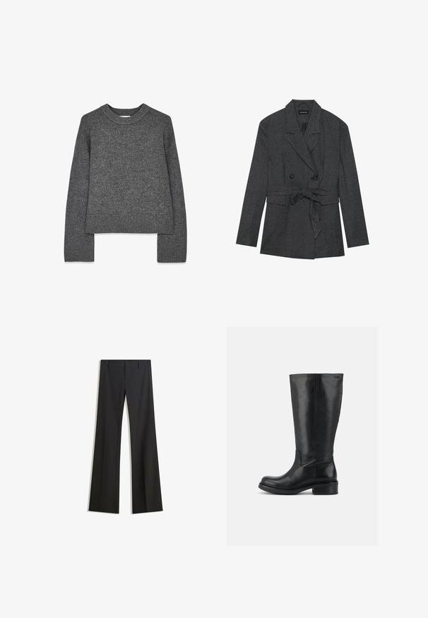 Sort og grå ternet blazer med dobbeltradet design, taljebånd, notch revers og to forlommer. Struktureret stoffinish.; Grå strikket sweater med lange ærmer, rund hals, ribbede manchetter og kant. Blød tekstur med et let cropped design.; Sorte, flarede bukser med en glat tekstur, der har en skræddersyet pasform og en talje. Ingen synlige mønstre eller udsmykninger.; Høj sort læderstøvle med lav blokhæl og rund tå, glat overdel med minimal syning på ensfarvet baggrund.