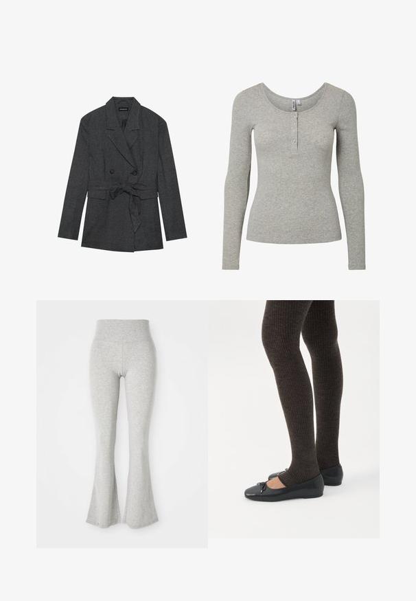 Zwart en grijs geruite blazer met een dubbelzijdig ontwerp, tailleband, notch-lapels en twee voorzakken. Textuur afgewerkte stof.; Lichtgrijs geribd shirt met lange mouwen, ronde halslijn en een knoopsluiting met vier knopen, aansluitende pasvorm en zachte gebreide stof.; Grijze uitlopende leggings van zacht materiaal, voorzien van een elastische tailleband en een gladde textuur, die uitlopen naar een flared afwerking aan de onderkant.; Benen met donkere geribbelde leggings gecombineerd met zwarte ballerina's met kleine strikdetails op een witte achtergrond.