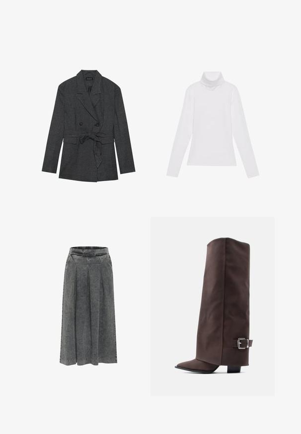 Zwart en grijs geruite blazer met een dubbelzijdig ontwerp, tailleband, notch-lapels en twee voorzakken. Textuur afgewerkte stof.; Witte lange mouw turtleneck top gemaakt van glad, elastisch materiaal. Voorzien van een hoge kraag en een getailleerd ontwerp, zonder zichtbare patronen of versieringen.; Grijze spijkerrok met plooien, elastische tailleband, knielengte en een gestructureerd oppervlak. Eenvoudig ontwerp zonder zichtbare patronen of versieringen.; Bruine kniehoge laarzen gemaakt van glad materiaal met een puntige neus, lage hak en een metalen gesp aan de zijkant.