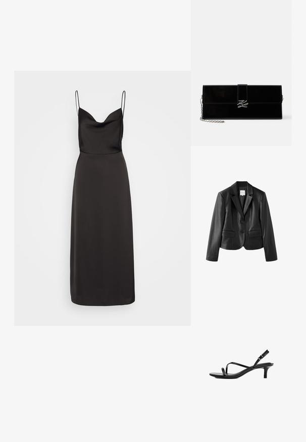 Blazer cintré en similicuir noir avec revers crantés, deux boutons, manches longues et deux poches à rabat devant sur fond blanc.; Robes en satin noir avec un corsage ajusté, un large décolleté et de fines bretelles. La jupe tombe jusqu'aux chevilles, arborant une texture lisse.; Sandale femme en cuir noir avec fines brides croisées, boucle arrière, bout carré et petit talon kitten sur fond blanc.; Pochette rectangulaire noire brillante avec bretelle chaîne argentée et fermoir aux initiales argentées entrelacées sur le rabat avant.