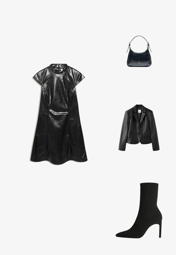 Blazer cintré en similicuir noir avec revers crantés, deux boutons, manches longues et deux poches à rabat devant sur fond blanc.; Robe noire en simili cuir à manches courtes avec col montant et jupe trapèze, présentée à plat sur fond blanc.; Bottine noire en suede doux, avec un bout pointu et un talon aiguille haut. Design minimaliste sans matériel ou motifs visibles.; Sac à bandoulière en cuir noir avec texture crocodile et fermoir argenté, avec une sangle réglable ornée de détails en chaîne sur fond blanc.