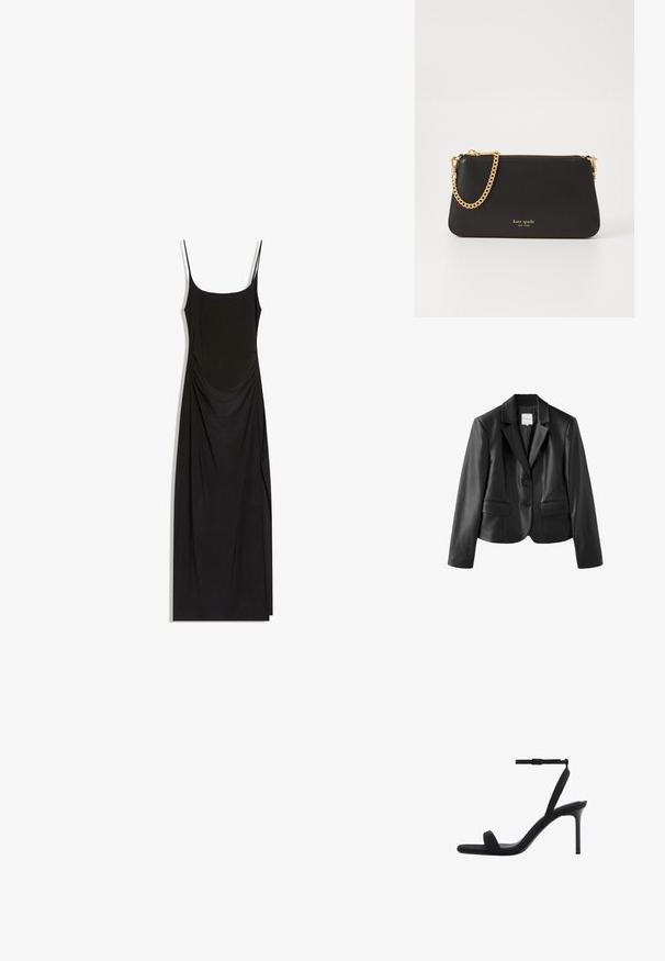 Blazer cintré en similicuir noir avec revers crantés, deux boutons, manches longues et deux poches à rabat devant sur fond blanc.; Robe maxi noire sans manches avec fines bretelles, côtés froncés et encolure carrée sur fond blanc.; Sandale noire à talon haut avec fine bride à la cheville et bout ouvert, dotée d'un talon aiguille mince et d'un design minimaliste.; Pochette en cuir noir avec une chaîne en or. Dotée d'une fermeture éclair et d'un nom de marque embossé en or sur le devant. Texture lisse, forme rectangulaire.