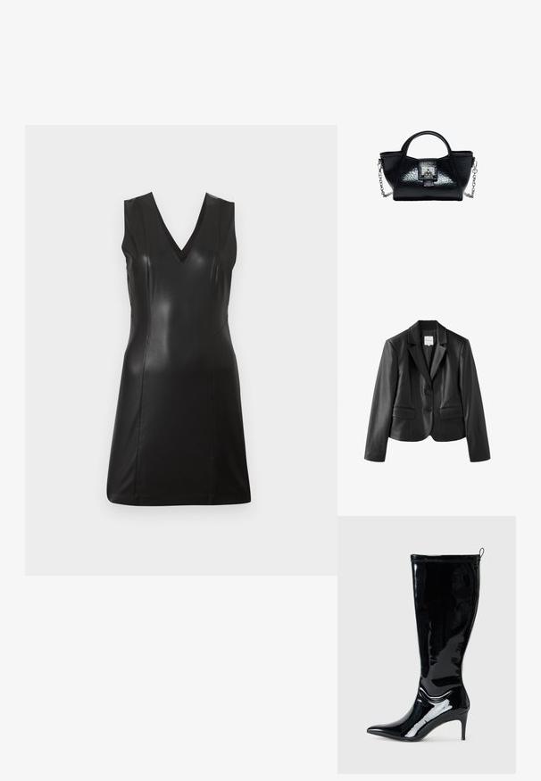 Blazer cintré en similicuir noir avec revers crantés, deux boutons, manches longues et deux poches à rabat devant sur fond blanc.; Robe noire sans manches en simili cuir avec décolleté en V et coutures ajustées, longueur genoux, sur un fond clair uni.; Botte en cuir verni noir, hauteur genou, avec un bout pointu et un talon slim haut. Comprend une fermeture éclair à l'arrière et une texture lisse et brillante.; Sac à main en cuir noir avec une poignée incurvée, une serrure argentée à l'avant et une bandoulière chaîne argentée amovible sur fond blanc.