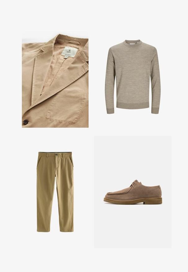 Beige Blazer mit Reverskragen, Ein-Knopf-Verschluss und einer Brusttasche. Gefertigt aus einem glatten Stoff mit subtiler Textur. Markenlabel sichtbar.; Beiger Pullover mit Rundhalsausschnitt und langen Ärmeln, mit gerippten Bündchen und Saum, auf weißem Hintergrund präsentiert.; Khaki-Chinos aus Baumwollmischgewebe, mit Knopfverschluss, zwei Fronttaschen und geradem Beinanschnitt. Glatte, leichte Textur.; Zign LEATHER - Sportlicher Schnürer - taupe