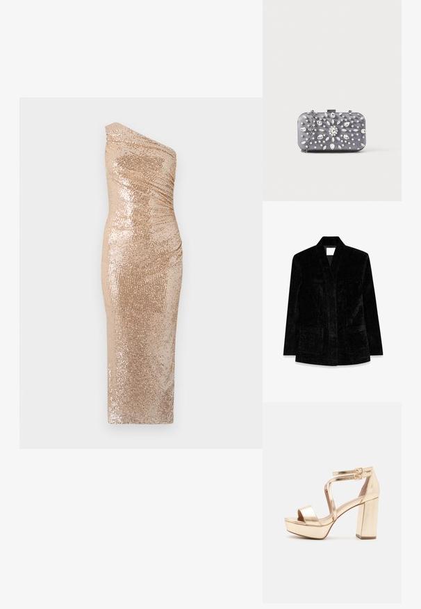 Sort fløjl blazer med notch-krave, to forlommer og en glat overflade. Har en slank, skræddersyet silhuet.; Bodycon kjole med en skulderdesign, lavet af glitrende stof i guld. Har en tætsiddende silhuet og glat tekstur.; Guld metalisk platform sandaler med en chunky blokhælk, åben tå og krydsede ankelstropper med spænde detaljer. Glat tekstur.; Lille rektangulær mørkegrå clutch pyntet med klare rhinsten i et strålende mønster og en sølvkæde som strop.