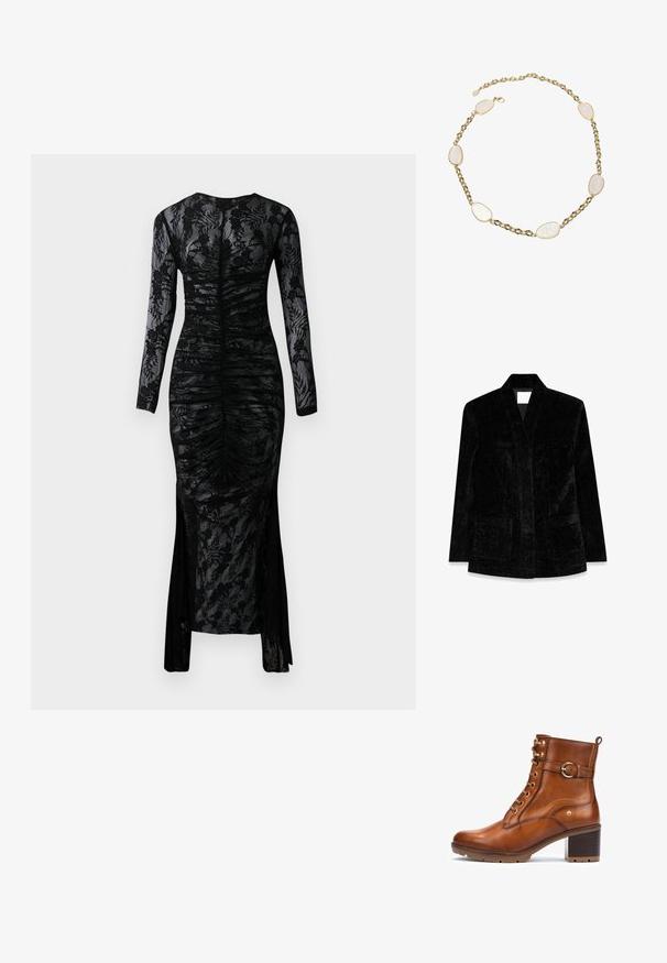 Sort fløjl blazer med notch-krave, to forlommer og en glat overflade. Har en slank, skræddersyet silhuet.; Langærmet sort kjole med en tætsiddende silhuet, draperet stof og blomstret lace-overlay. Har en slids i bunden for ekstra detalje.; Brune læder ankelstøvle med rund tå, snøring foran, guldfarvet hardware og en kraftig hæl. Har en spænde detalje på siden.; Guldhalskæde med seks uregelmæssige hvide stenvedhæng og en krabbe-lås på en hvid baggrund.
