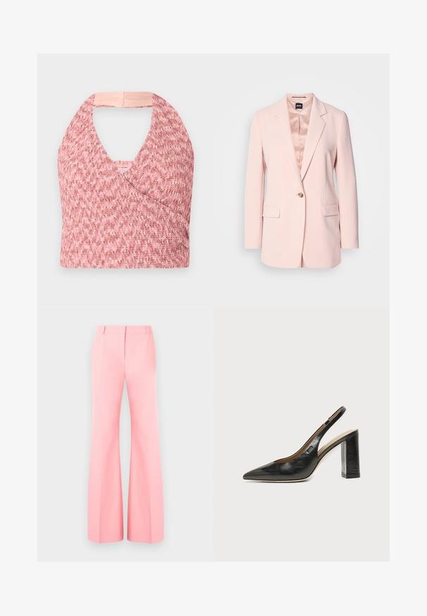 Blazer rose clair au design structuré, avec un bouton doré unique, deux poches avant et un intérieur doublé. Coupe ajustée avec des revers aigus.; Haut halter rose clair en tissu tricoté texturé avec un design enroulé, comportant une bande beige douce à l'arrière pour un ajustement sûr.; Pantalons larges rose avec un design ajusté, présentant un devant plat et des plis soigneusement pressés. Tissu lisse et taille haute.; Chaussure slingback en cuir noir à bout pointu avec un talon bloc haut et une doublure intérieure beige sur un fond clair uni.